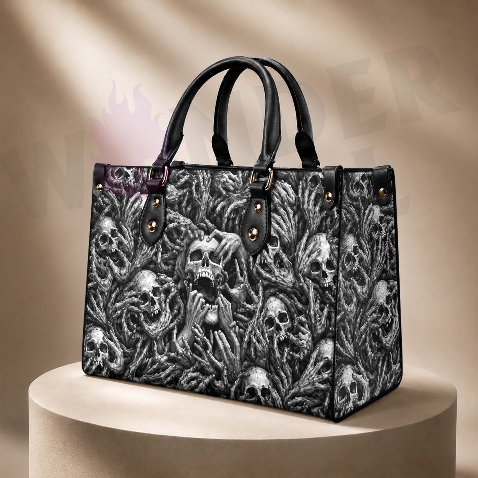 Wonder Skull structured tote bag solves the "I can't find anything in my bag" problem. The aoomy interior fits your tablet, phone, wallet, water bottle, umbrella, and cosmetics — without the overstuffed look. Multiple interior pockets keep everything organized, so you're never digging around at checkout. Reinforced rivet corners and quality metal hardware ensure the bag holds up to daily use. Whether you're heading to work, running errands, or catching a flight, this tote keeps you looking put-together.