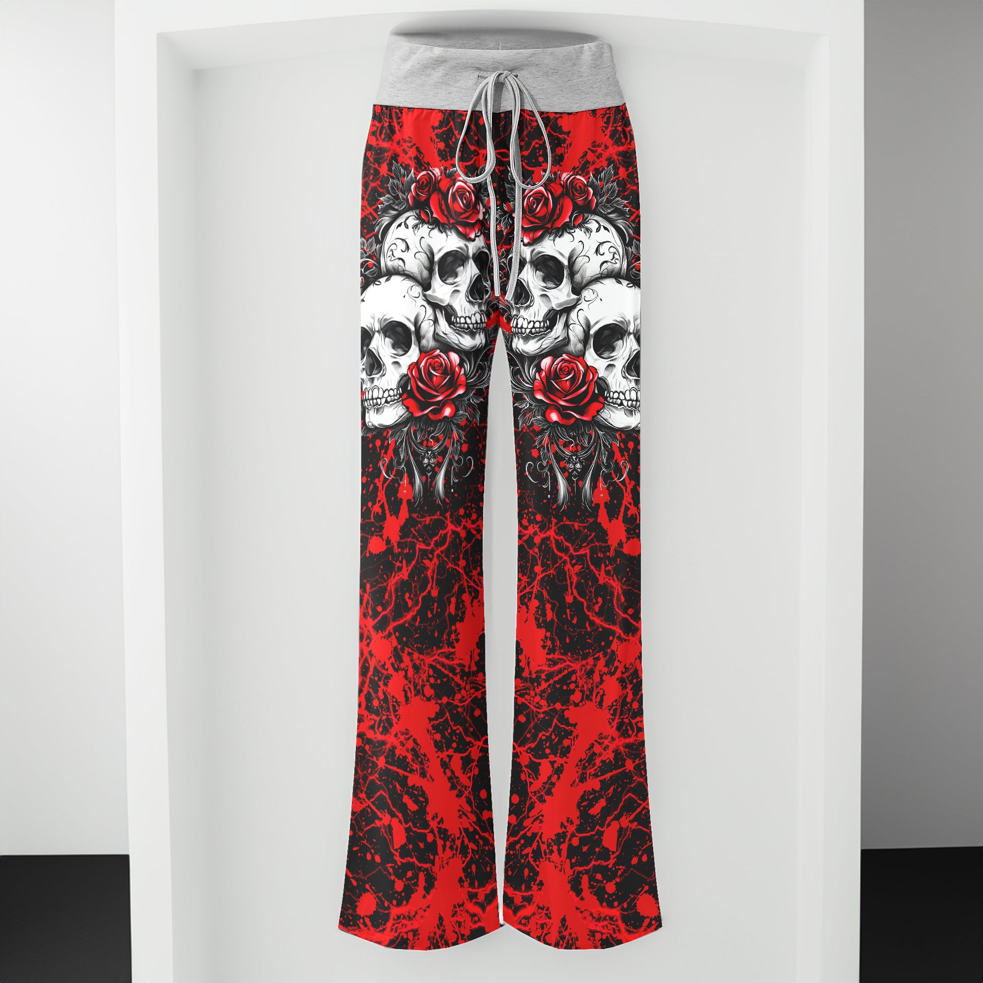 Red Skull Rose Art Women's High-waisted Wide Leg Pants