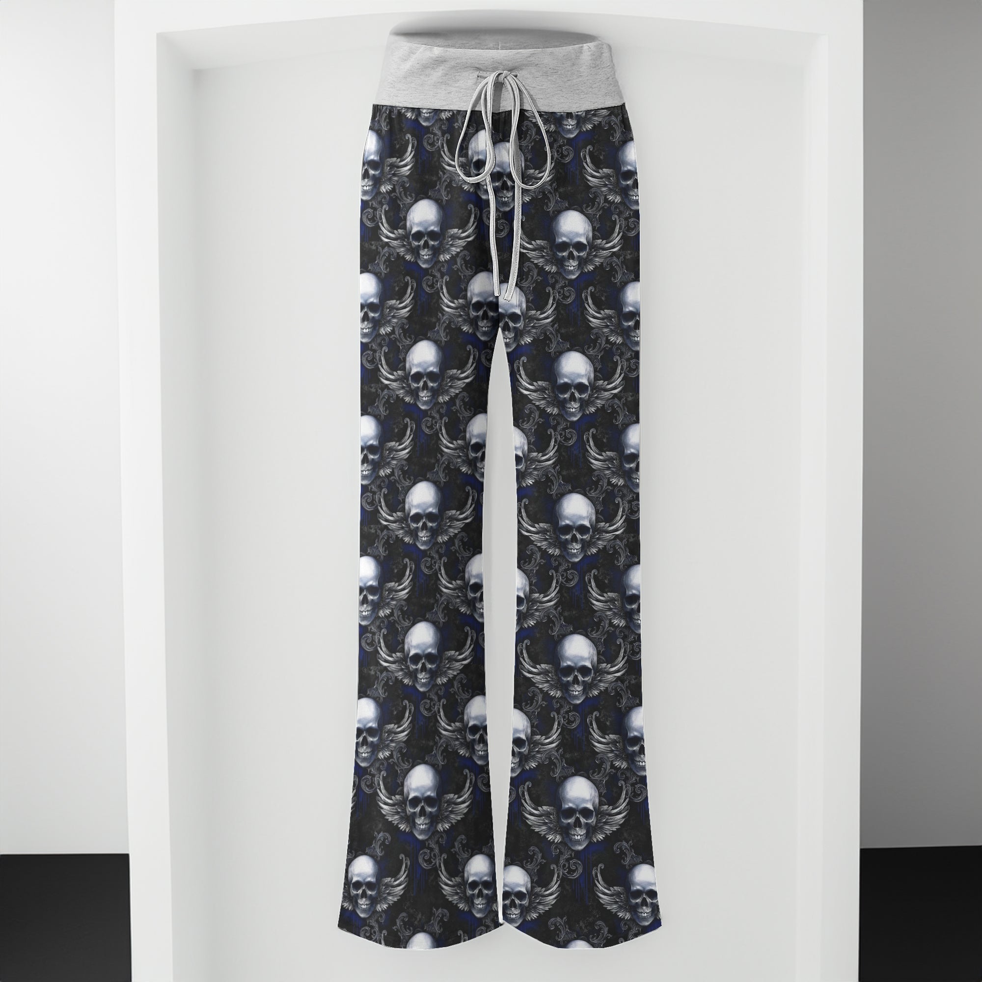 Gothic Winged Skull Damask Women's High-waisted Wide Leg Pants