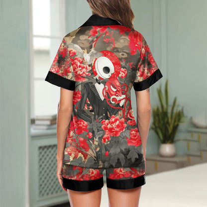 Masked Skeleton Flower Art Women's Pajama Sets Top Sleeve & Short Bottom