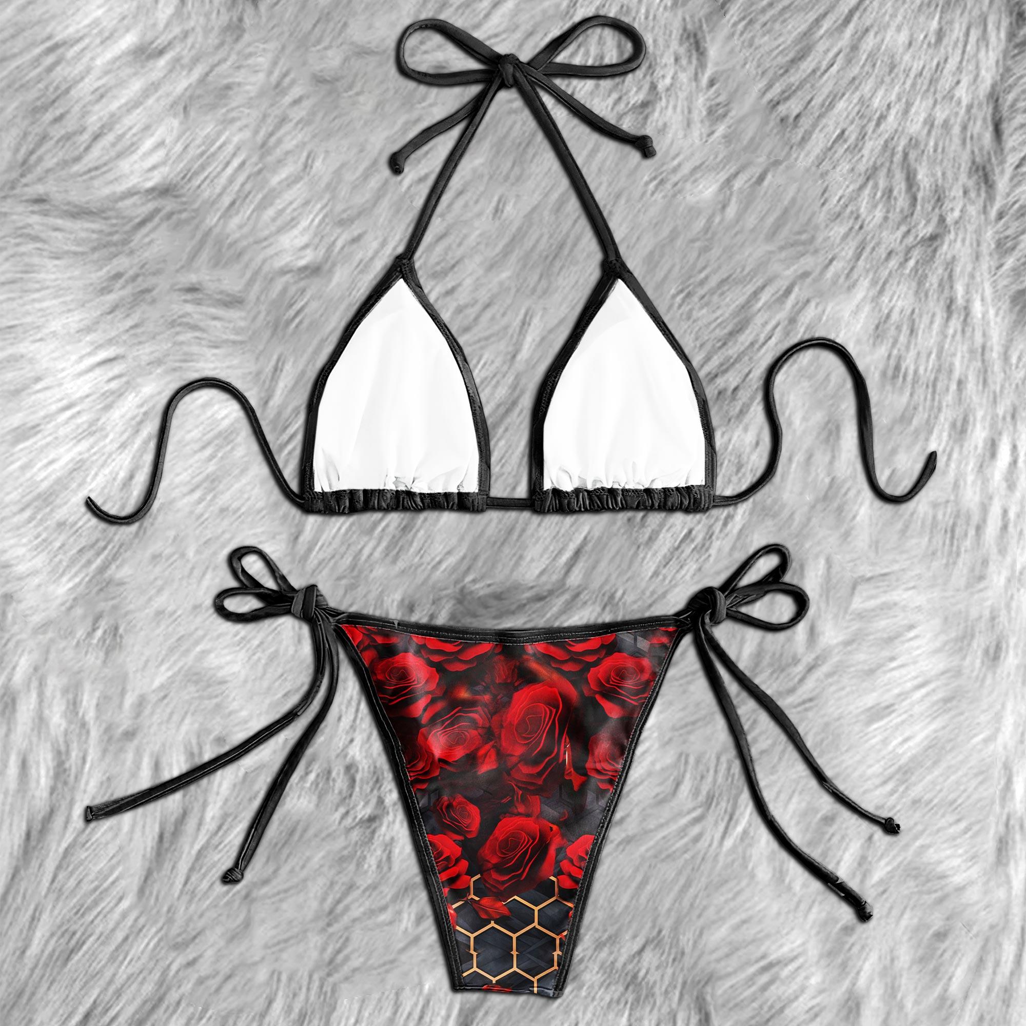 Red Abstract Skull Rose Micro Triangle Bikini Swimsuit - Wonder Skull