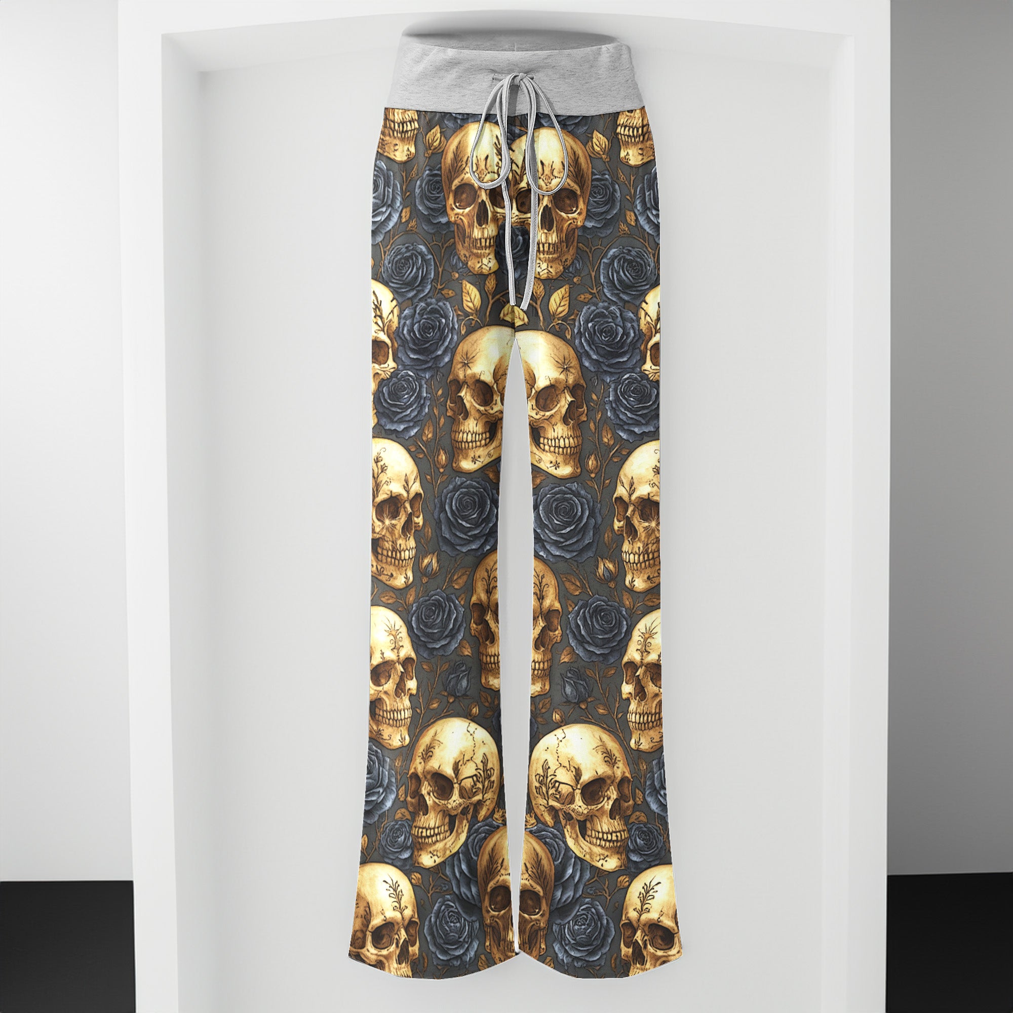 Gold Skull & Black Rose Women's High-waisted Wide Leg Pants