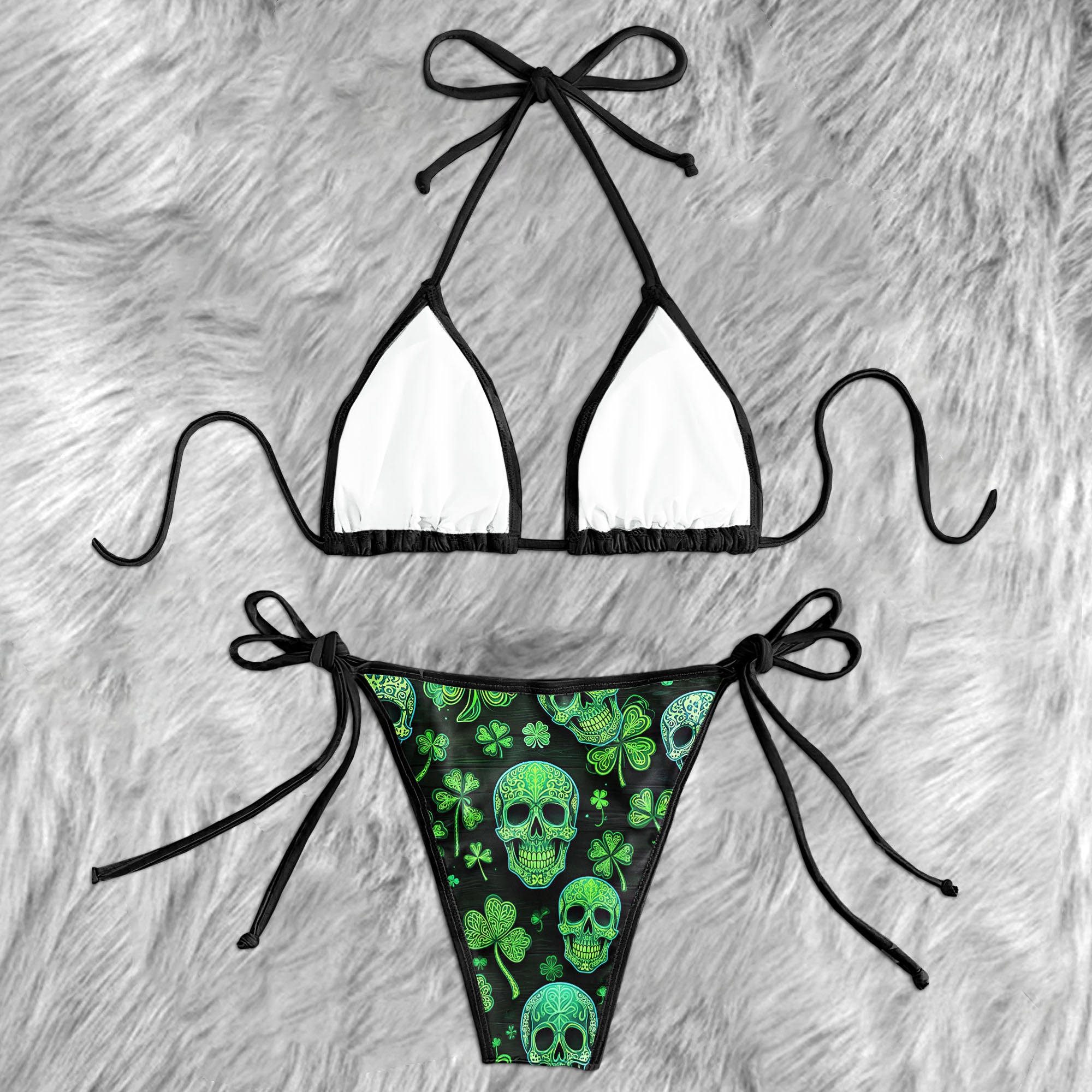 Green Shamrock Ornate Skull Micro Triangle Bikini Swimsuit