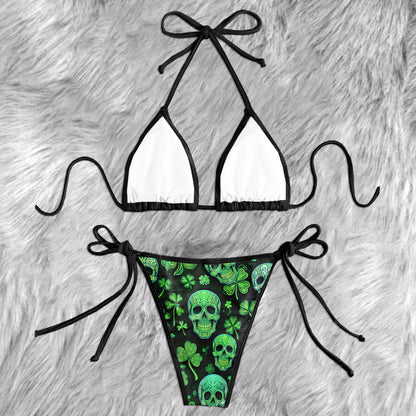 Green Shamrock Ornate Skull Micro Triangle Bikini Swimsuit