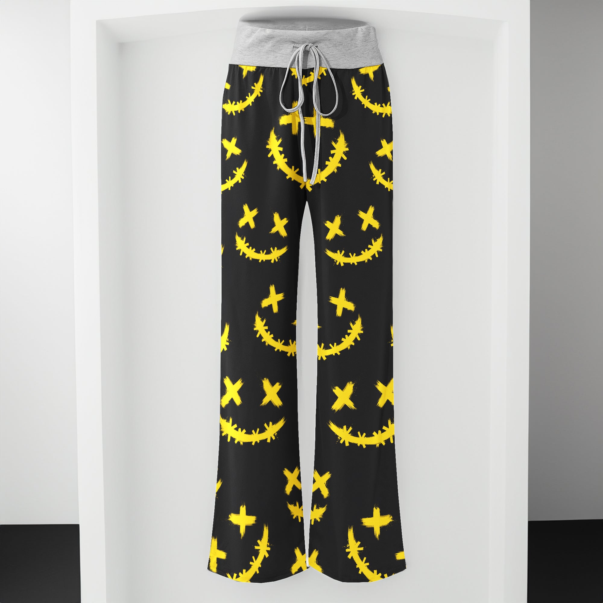 Yellow Stitch Faces Pattern Women's High-waisted Wide Leg Pants