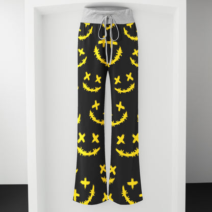 Yellow Stitch Faces Pattern Women's High-waisted Wide Leg Pants