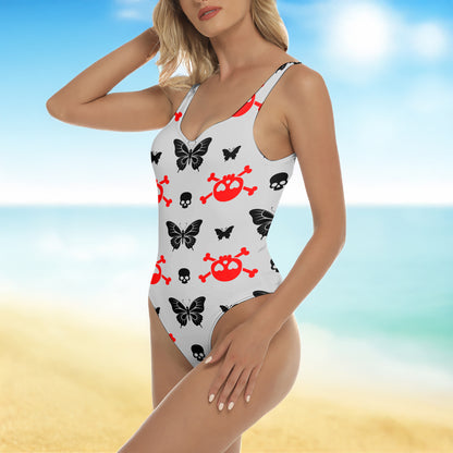 One Piece Bikini Pastel Punk Skull Pattern Print Swimwear