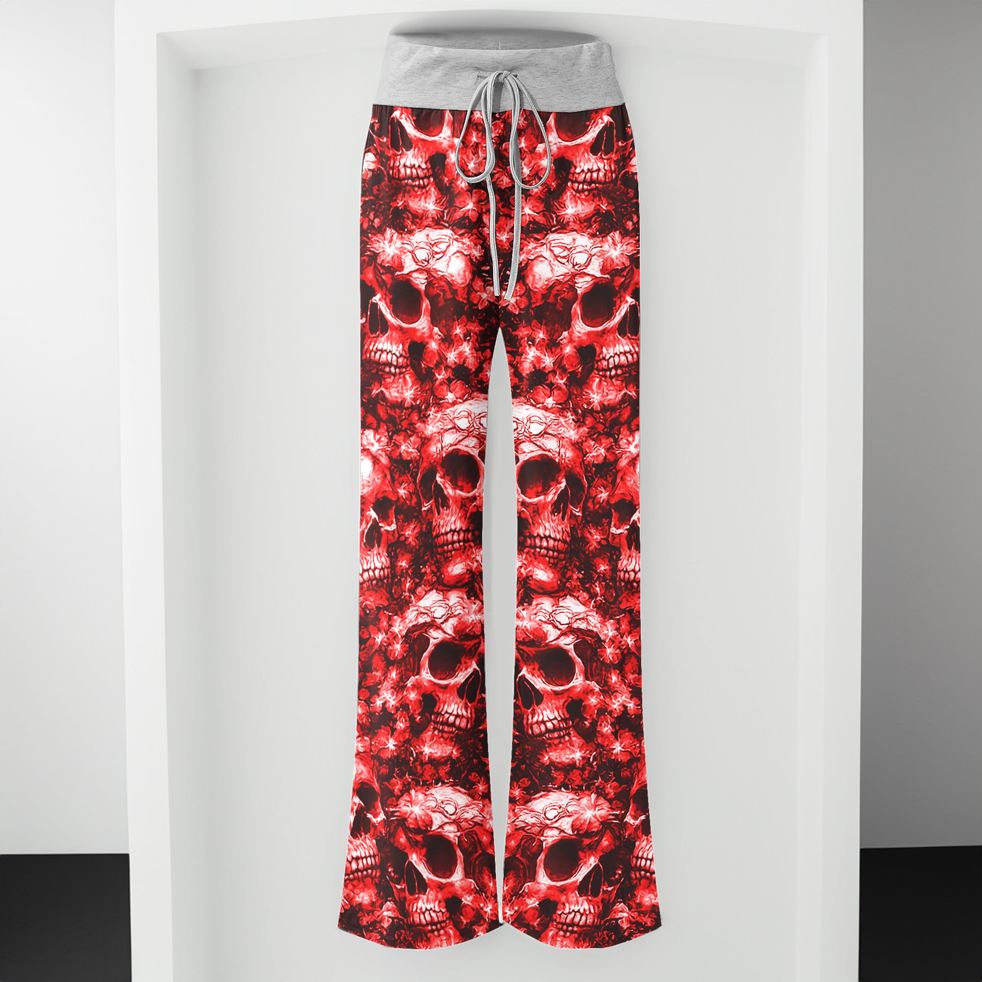 Red Skull Orchid Pattern Women's High-waisted Wide Leg Pants