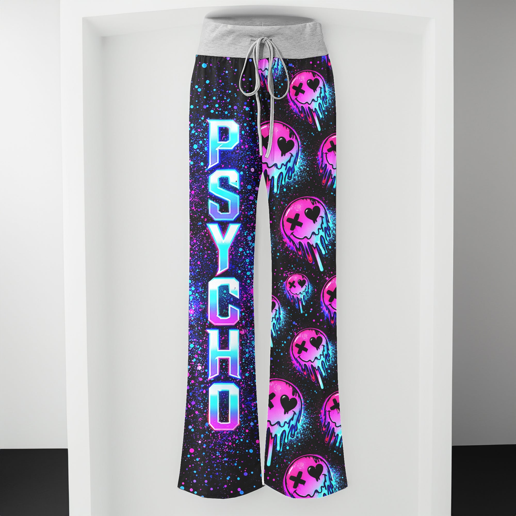 Neon Meltdown Skull Pattern Women's High-waisted Wide Leg Pants