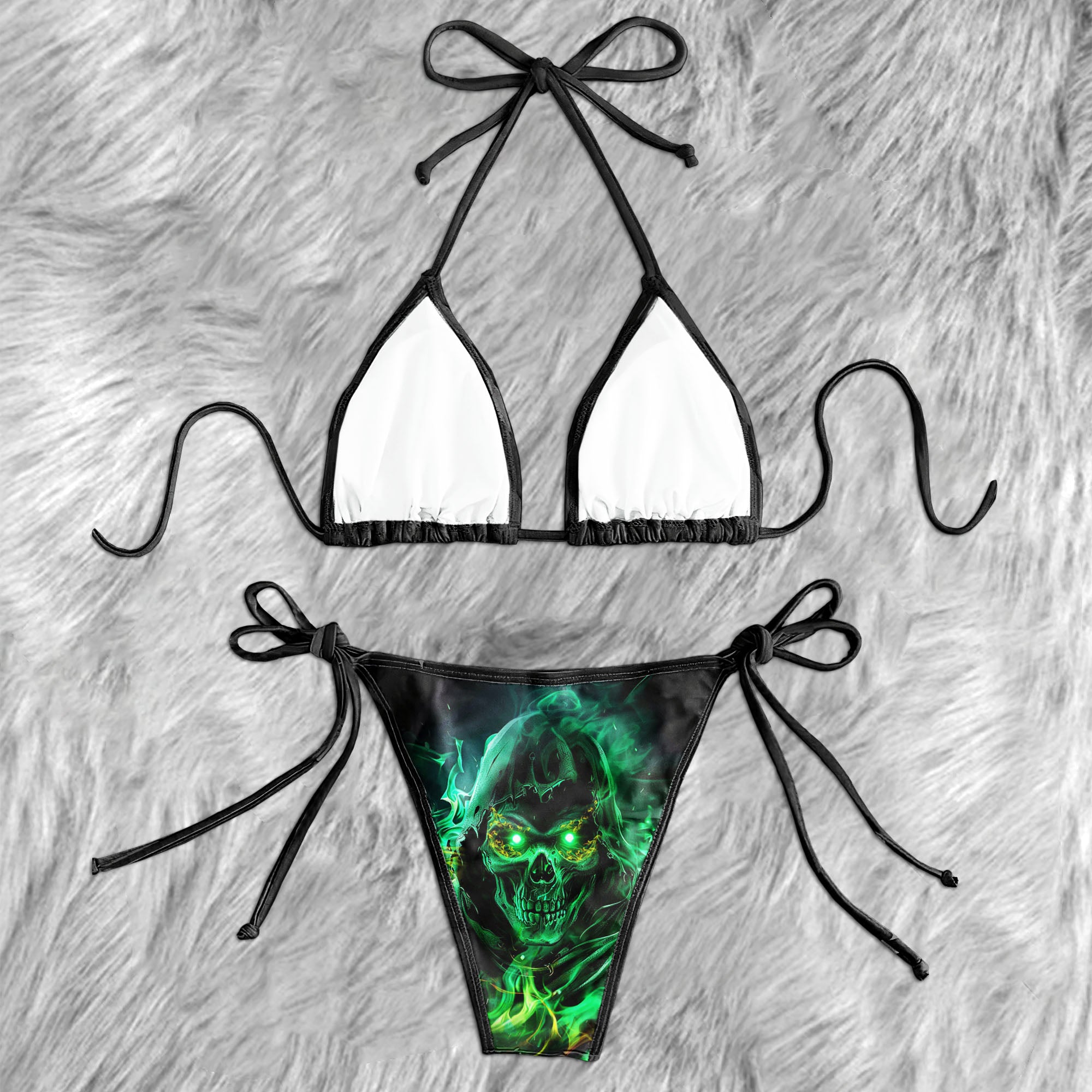 Green Fire Grim Reaper Micro Triangle Bikini Swimsuit - Wonder Skull