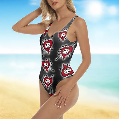 One Piece Bikini Punk Heart Skull Pulse Print Swimwear