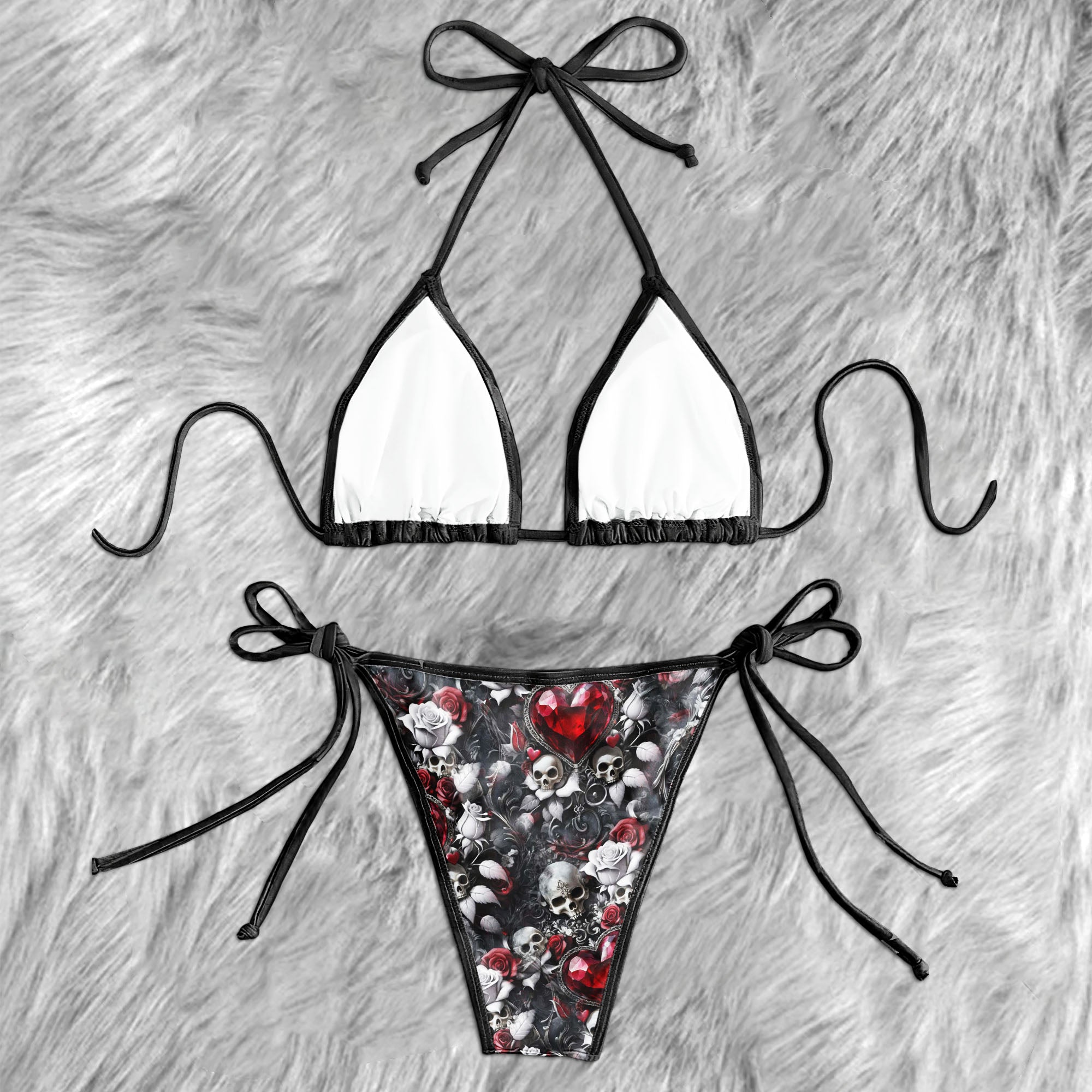 Gothic Skull Floral Pattern Micro Triangle Bikini Swimsuit