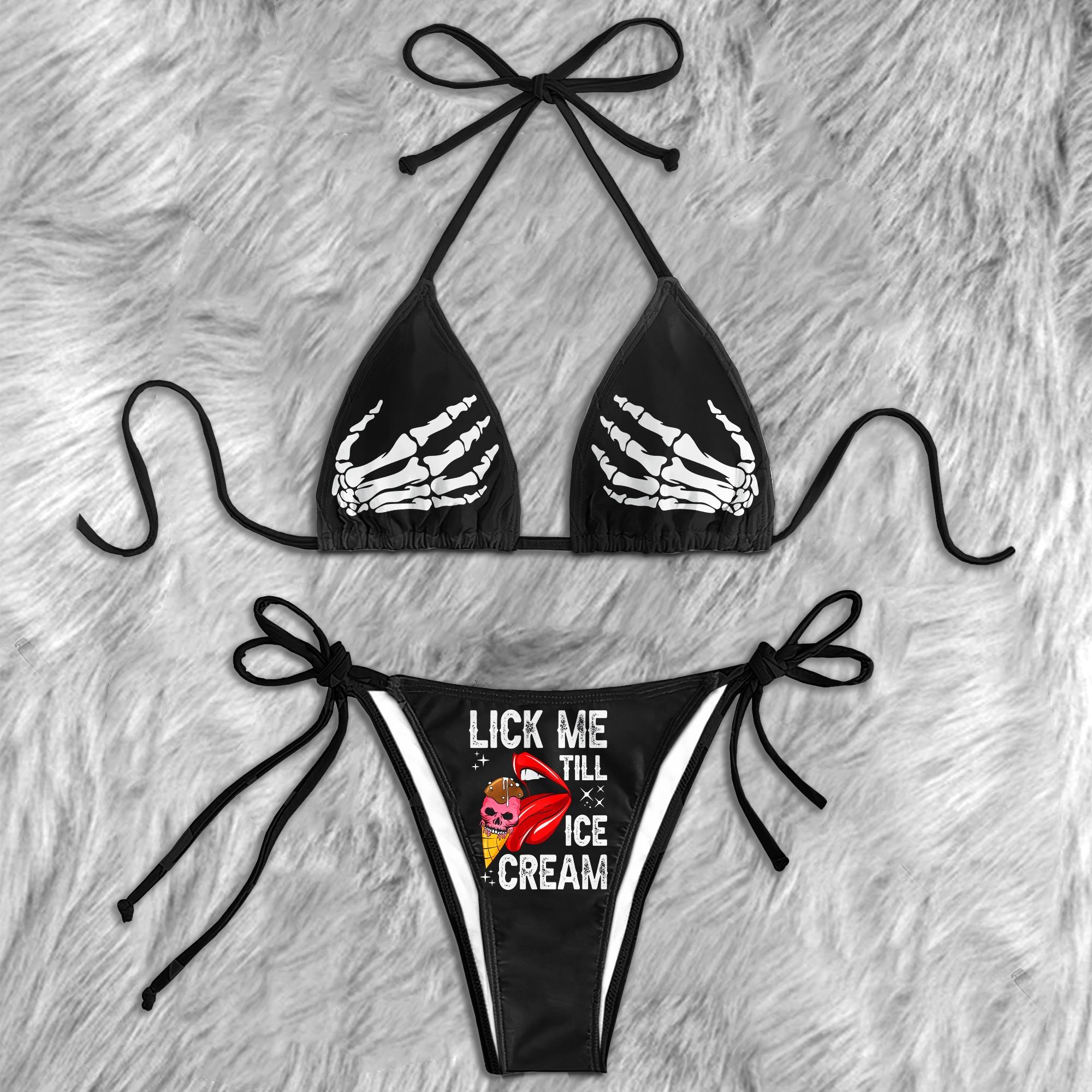 Lick Me Skull Funny Micro Triangle Bikini Swimsuit - Wonder Skull