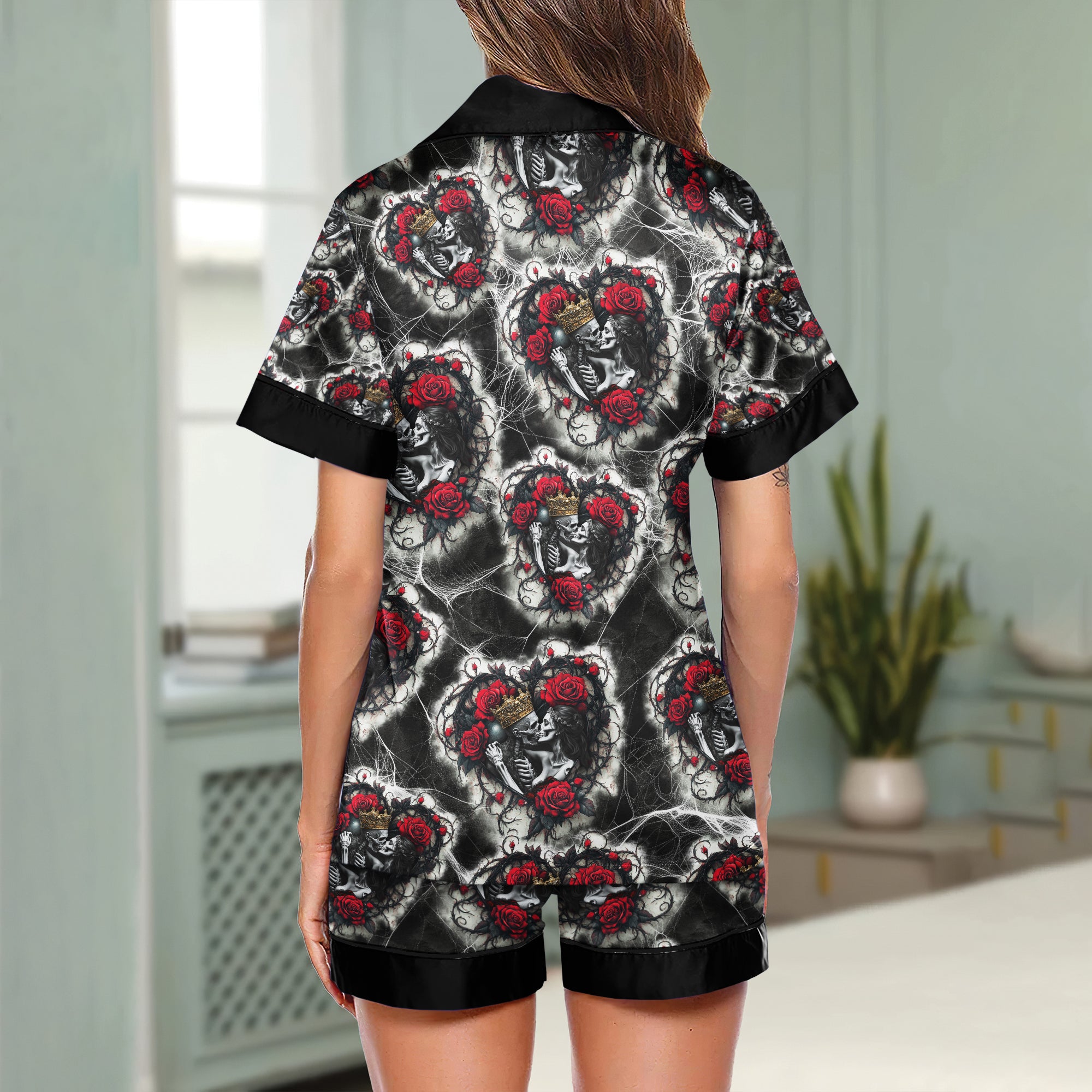 Couple Skeleton Gothic Pattern Women's Pajama Sets Top Sleeve & Short Bottom