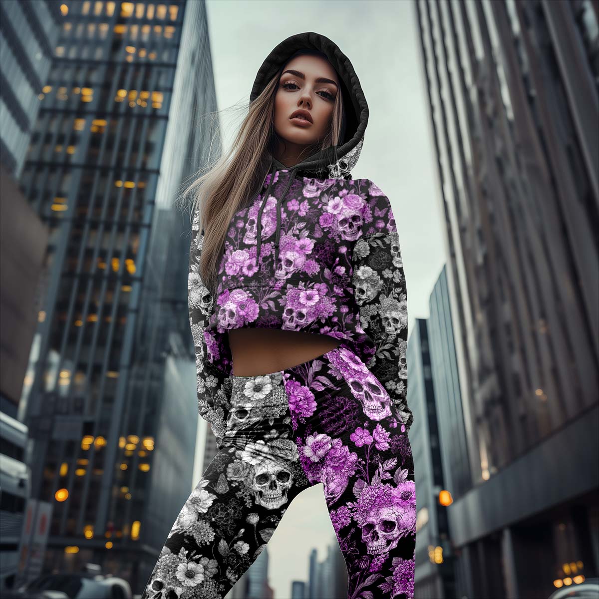 Women Hoodie and Leggings, Purple Floral Skull Pattern Outwear Pants Outfit