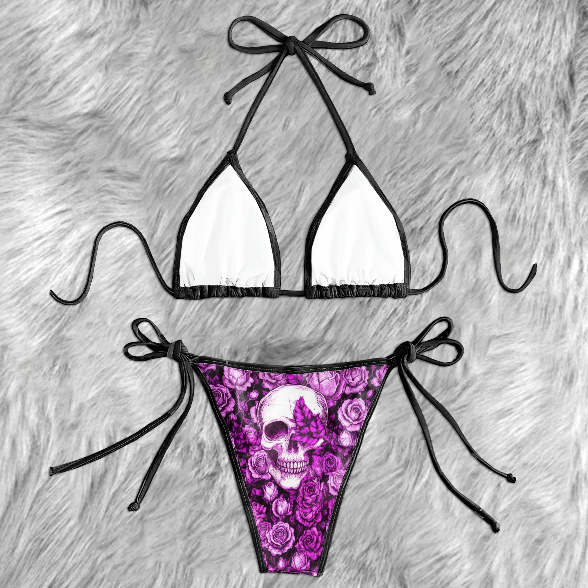 Gothic Lavender Bloom Skull Micro Triangle Bikini Swimsuit