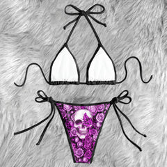 Gothic Lavender Bloom Skull Micro Triangle Bikini Swimsuit