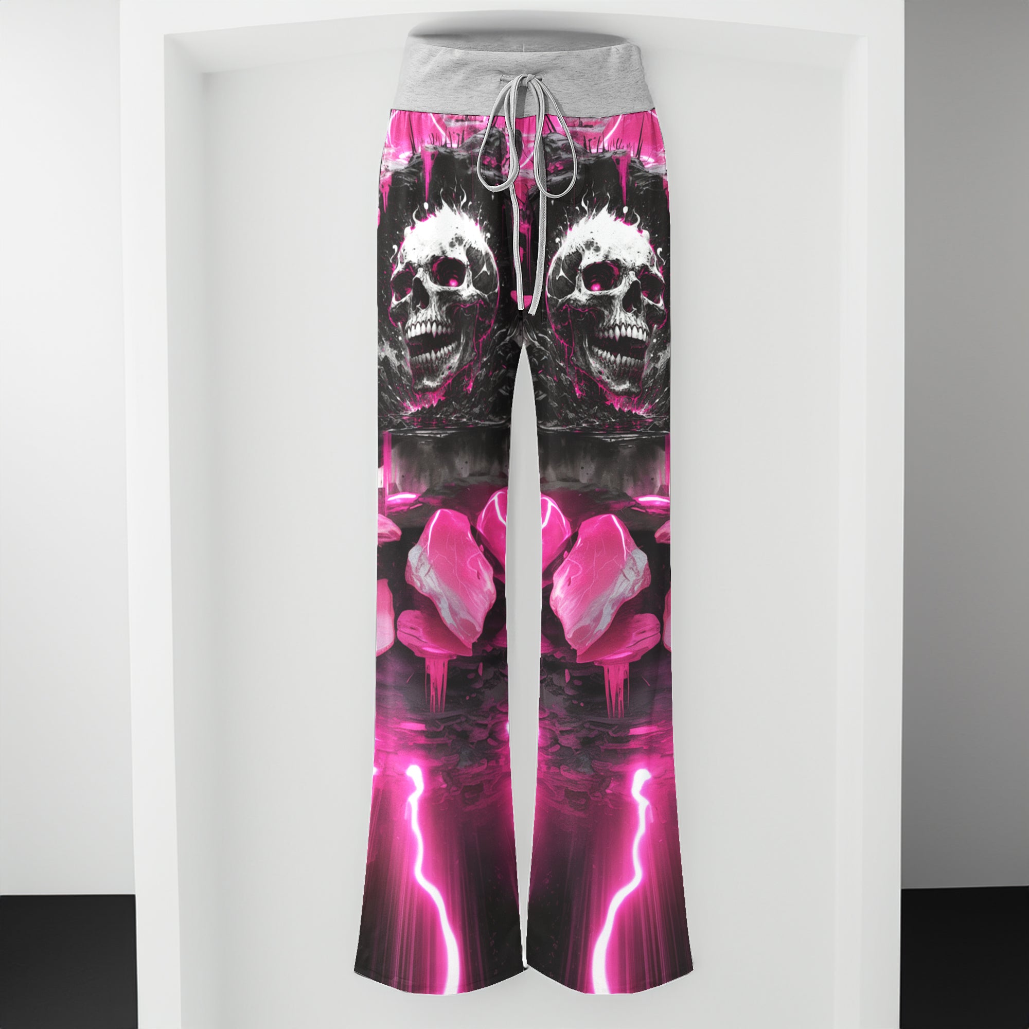 Pink Neon Skull Abstract Women's High-waisted Wide Leg Pants