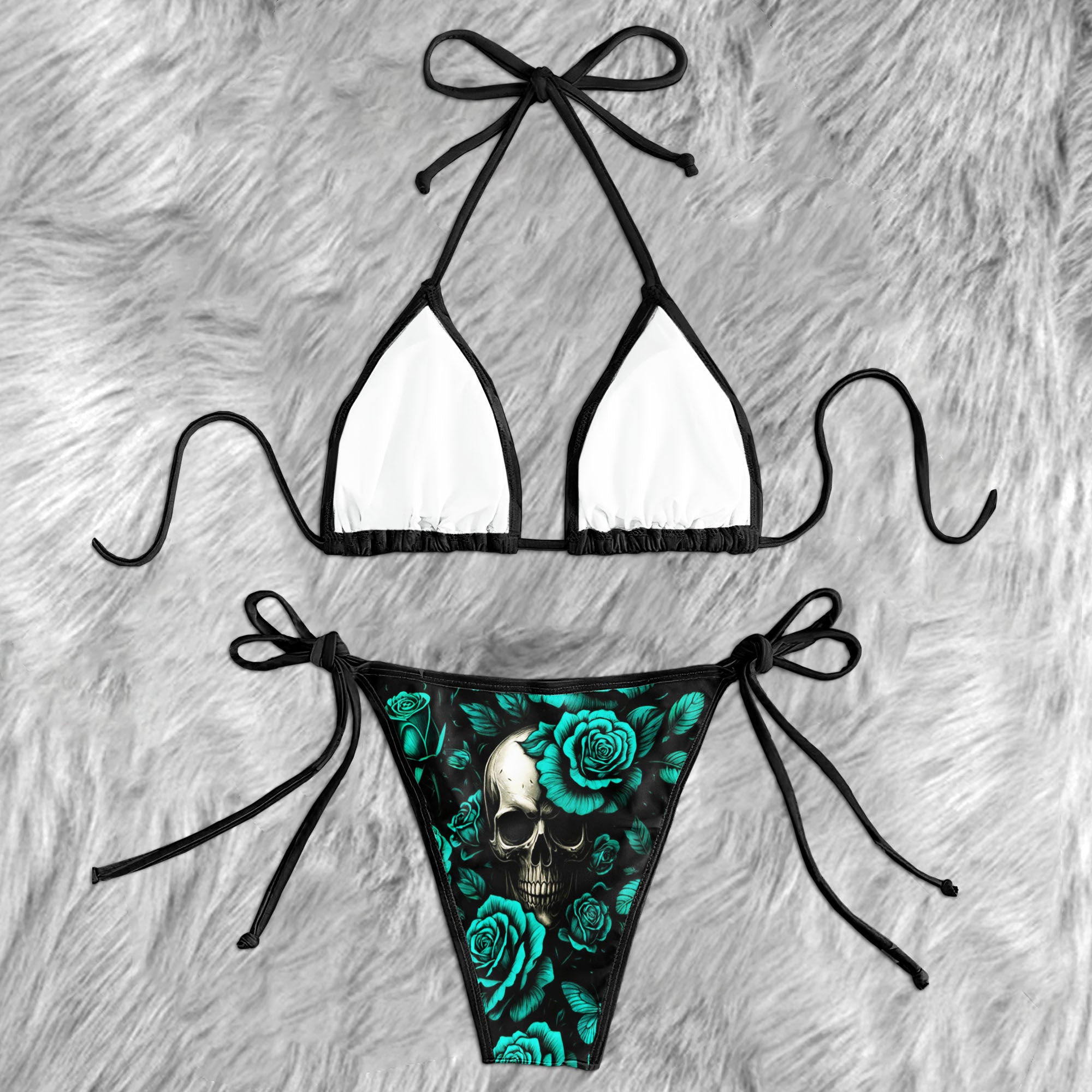 Cyan Bloom Skull Art Micro Triangle Bikini Swimsuit