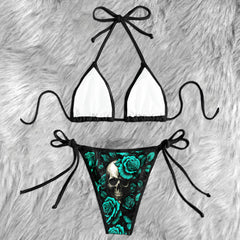 Cyan Bloom Skull Art Micro Triangle Bikini Swimsuit
