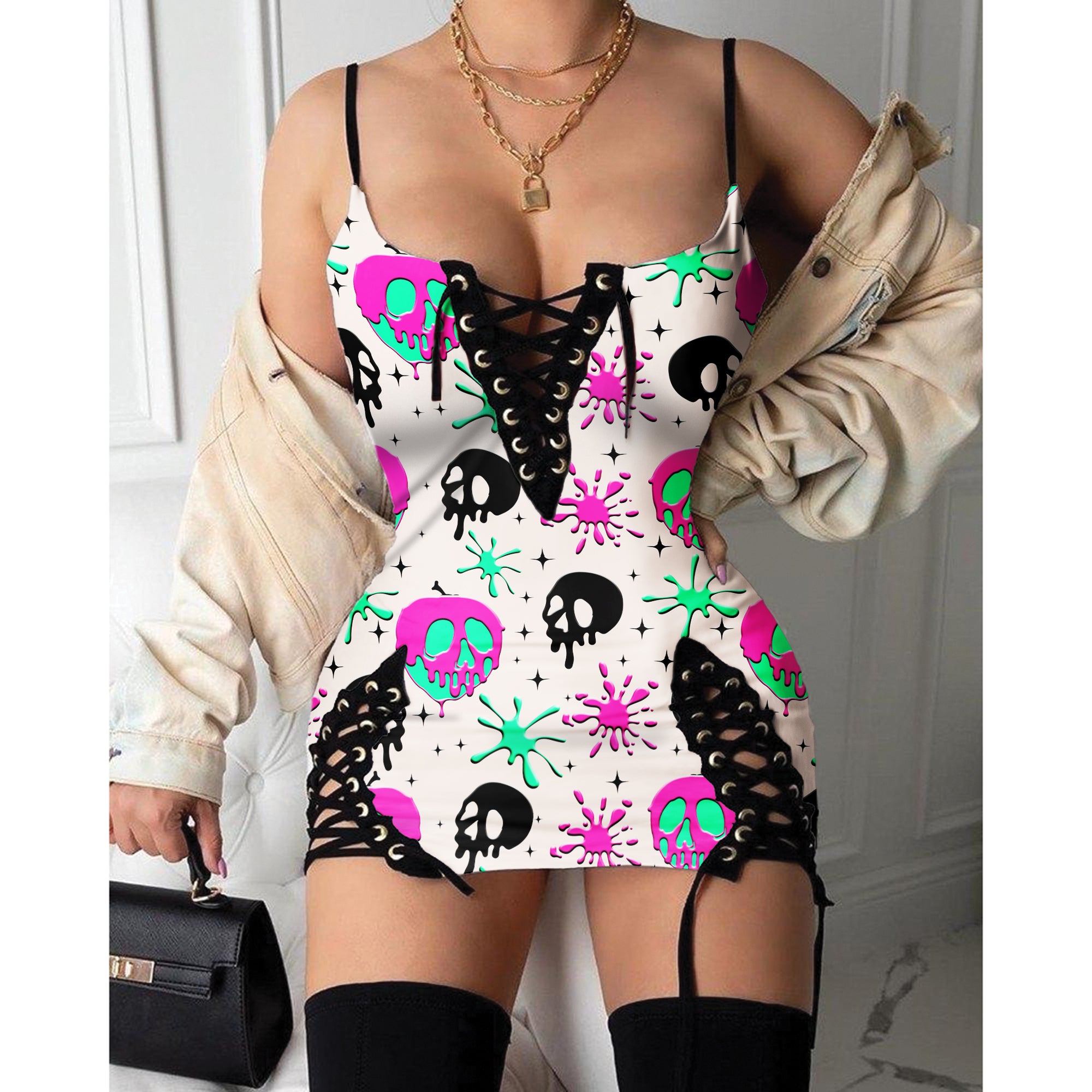 Hot Gothic Dress, Skull Women's Goth Style, Pastel Skull Melt Pattern Outfit