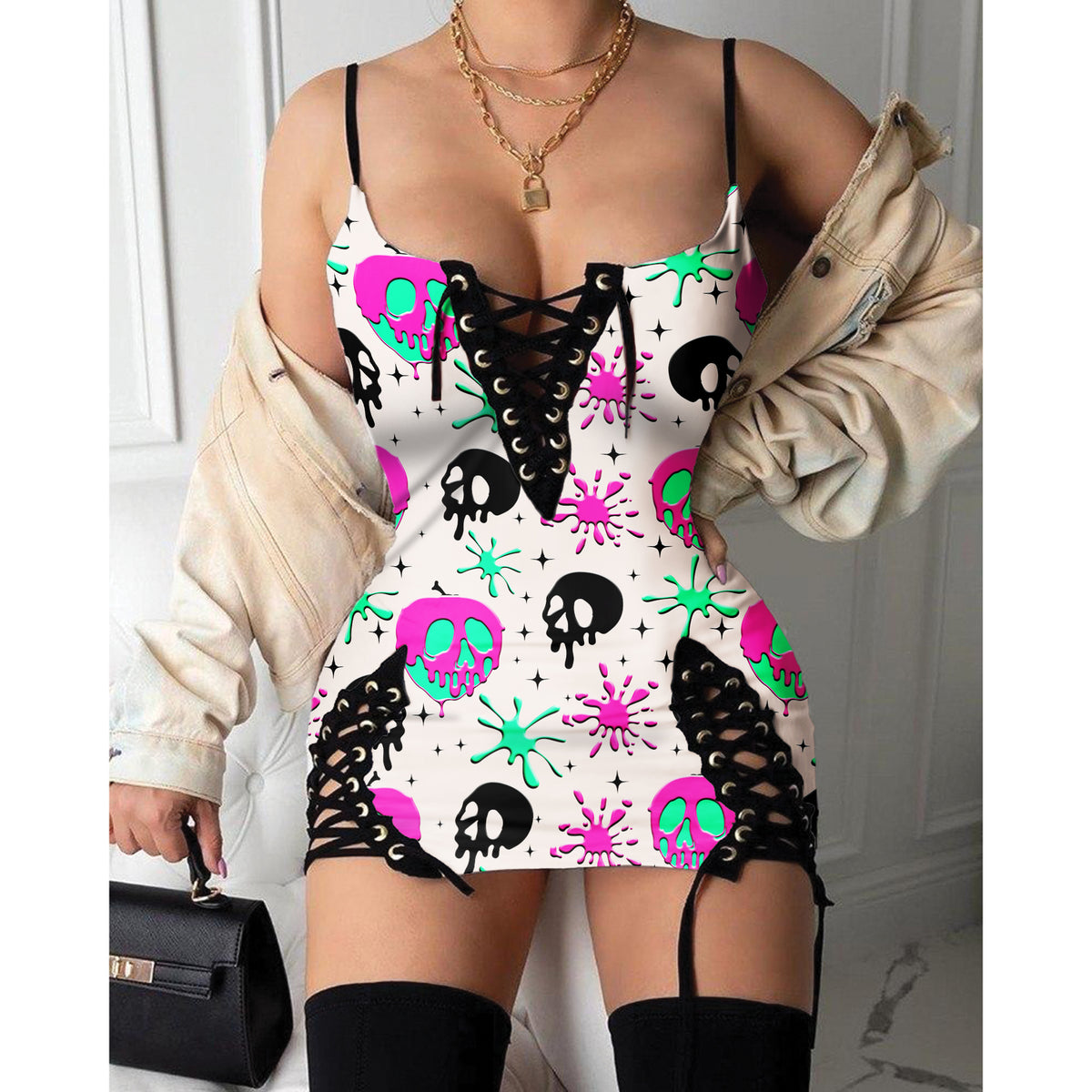 Hot Gothic Dress, Skull Women's Goth Style, Pastel Skull Melt Pattern Outfit