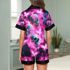 Pink Skull Fire Art Women's Pajama Sets Top Sleeve & Short Bottom