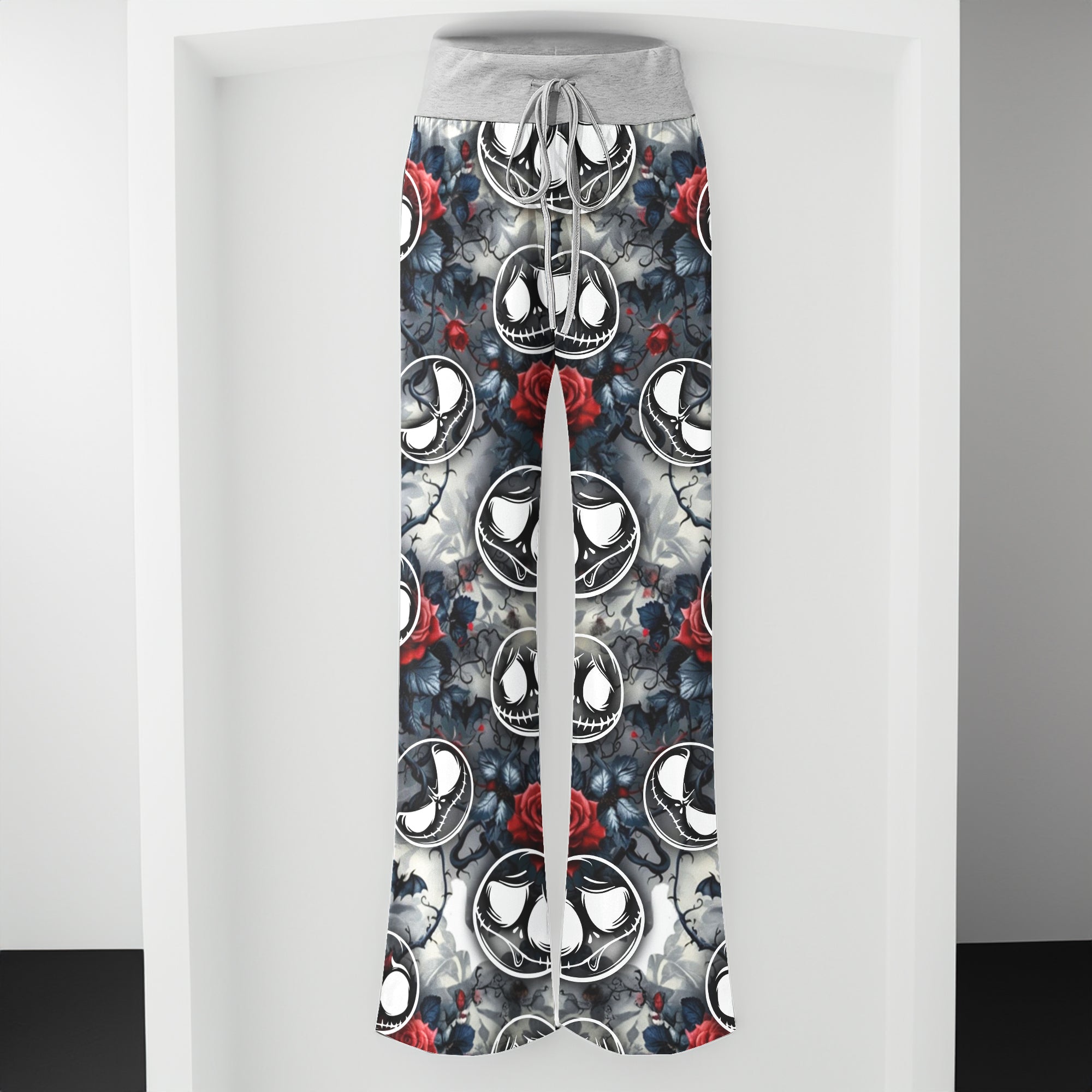 Gothic Skull Bloom Rose Women's High-waisted Wide Leg Pants