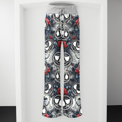 Gothic Skull Bloom Rose Women's High-waisted Wide Leg Pants