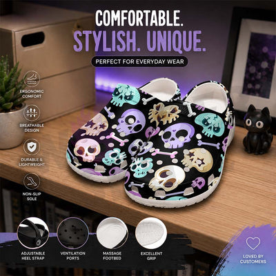 Wonder Skull Lightweight Clog Sandals are designed for all-day comfort. Featuring breathable ventilation holes, a cushioned footbed, and a pivoting heel strap, these versatile unisex clogs are perfect for use at home, outdoors, or at work — whatever your profession may be.
