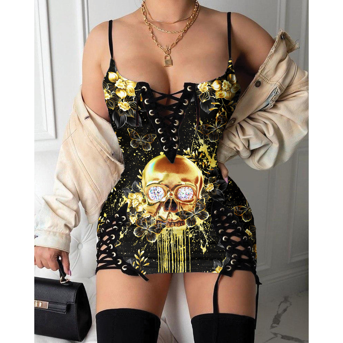 Express your personal style with the Hot Gothic Dress, a timeless piece featuring a unique Gold Skull Butterfly Flower, perfect for enhancing your daily fashion routine.