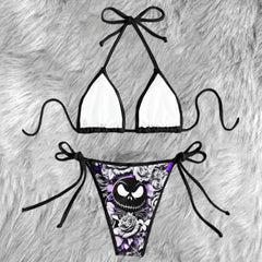 Dark Floral Pruple Skull Micro Triangle Bikini Swimsuit