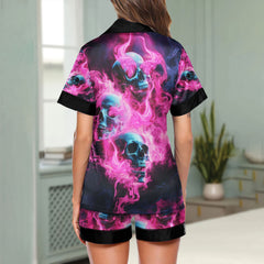 Pink Skull Flaming Women's Pajama Sets Top Sleeve & Short Bottom