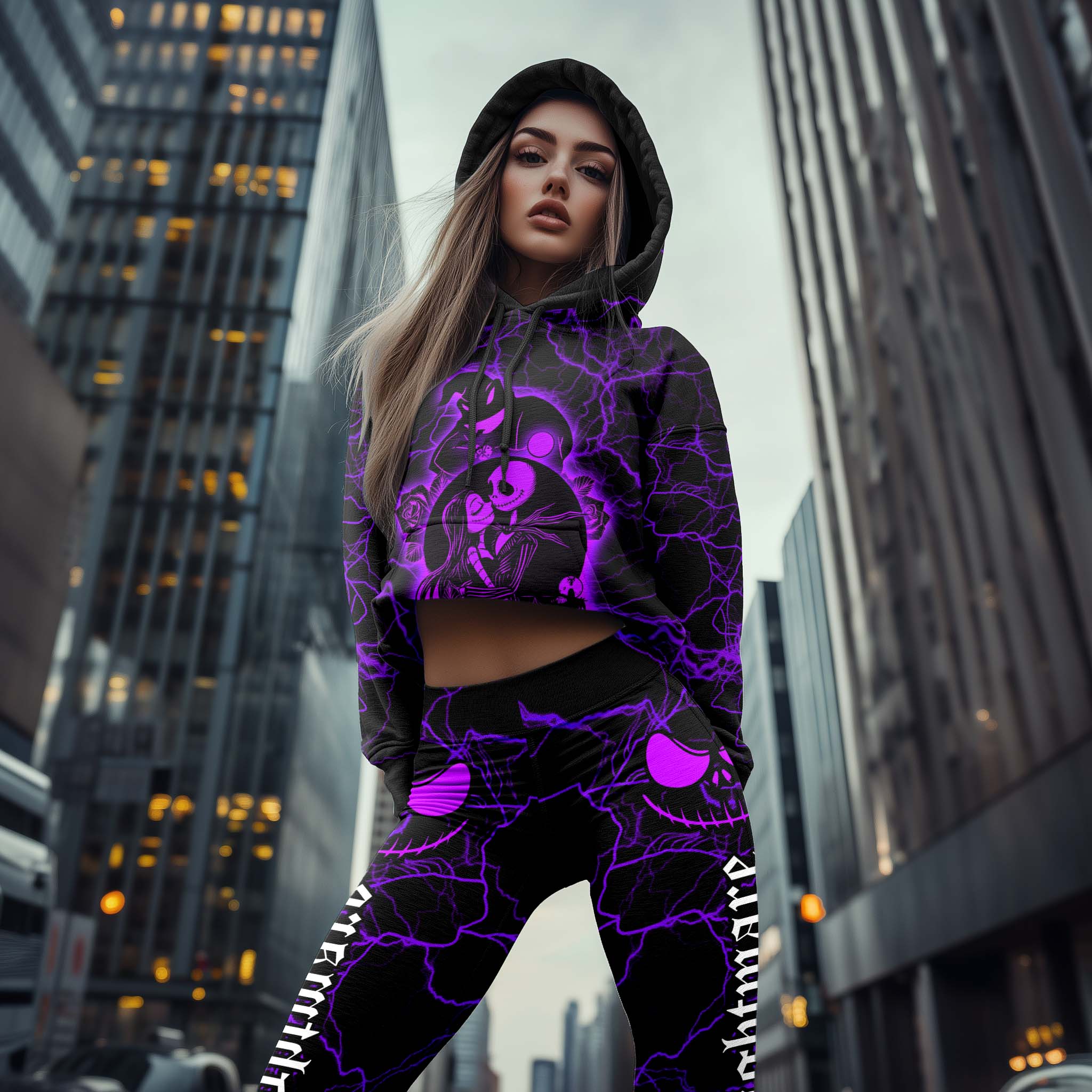 Women Hoodie and Leggings, Purple Couple Night Art Outwear Pants Outfit