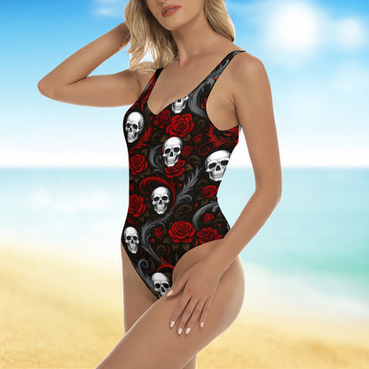 One Piece Bikini Scarlet Roses Skull Floral Print Swimwear