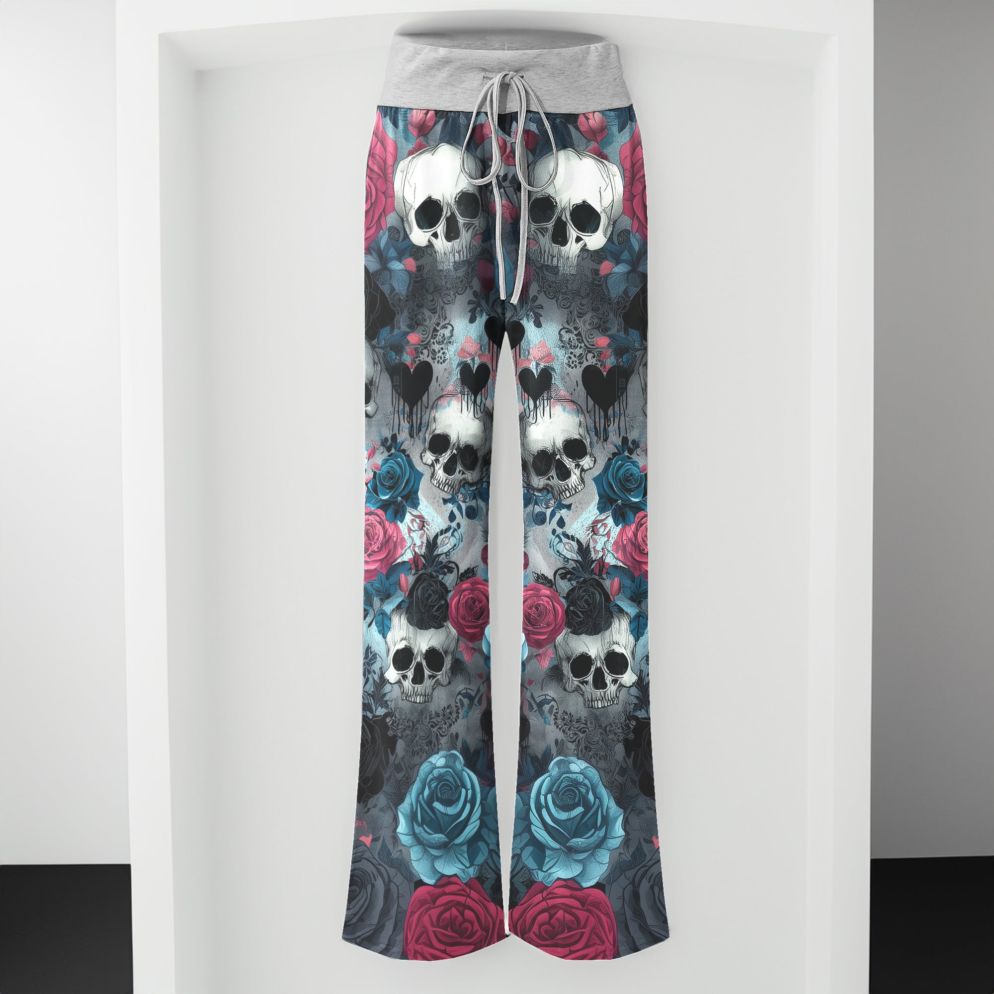 Cyan Skull Rose Pattern Women's High-waisted Wide Leg Pants
