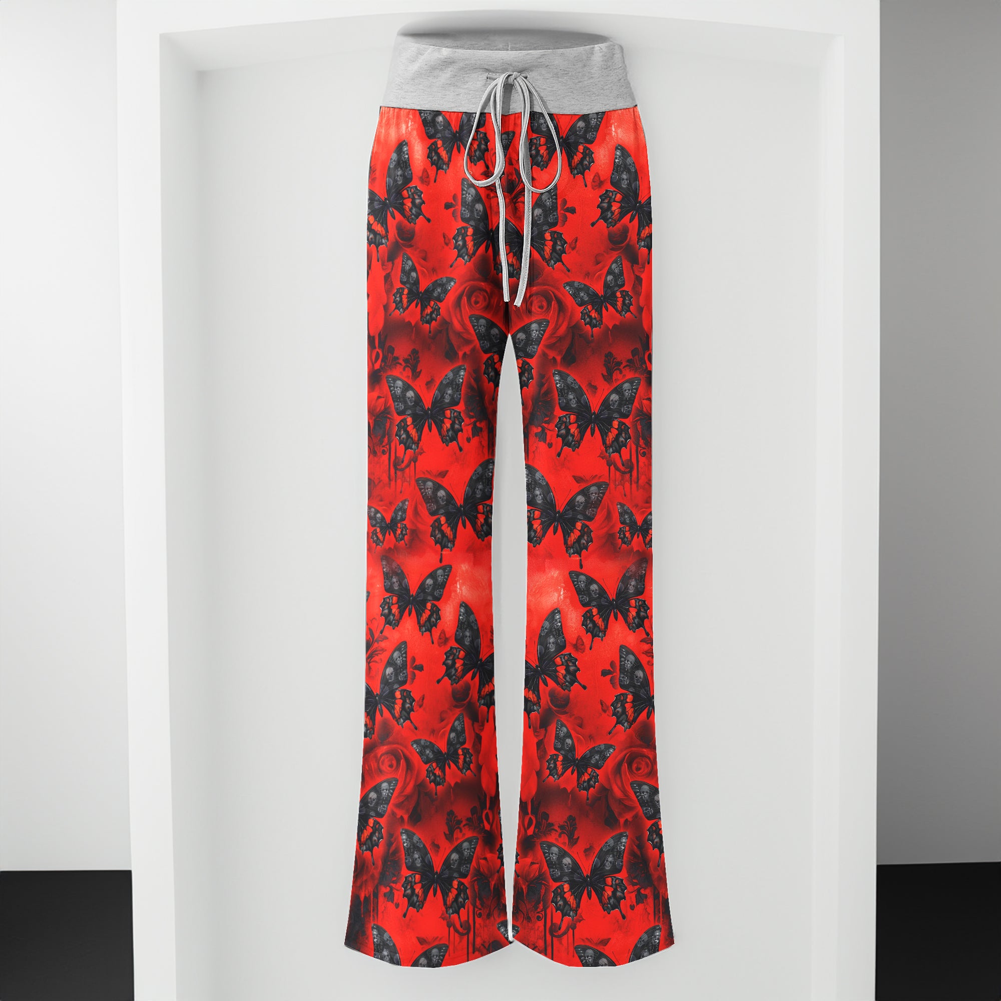 Red Butterfly Skull Gothic Women's High-waisted Wide Leg Pants