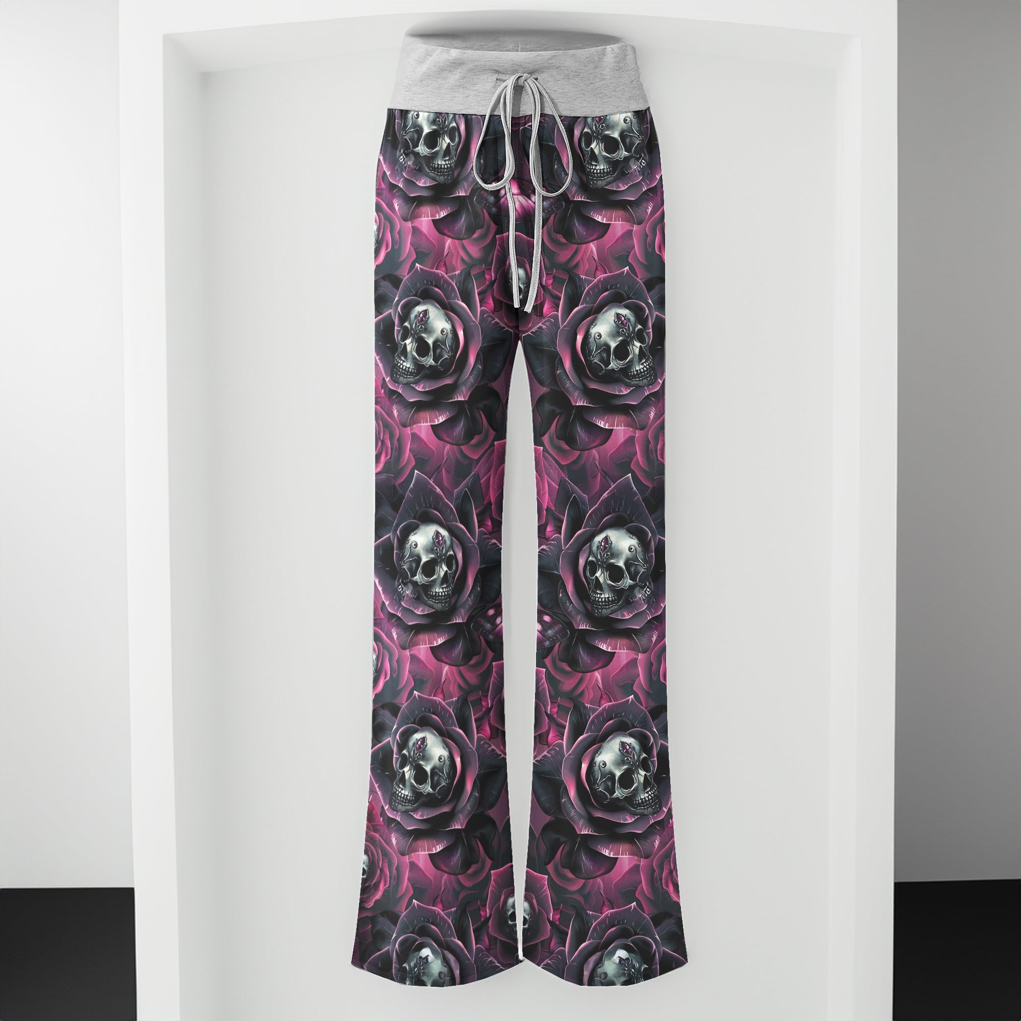 Skull Rose Abstract Pattern Women's High-waisted Wide Leg Pants