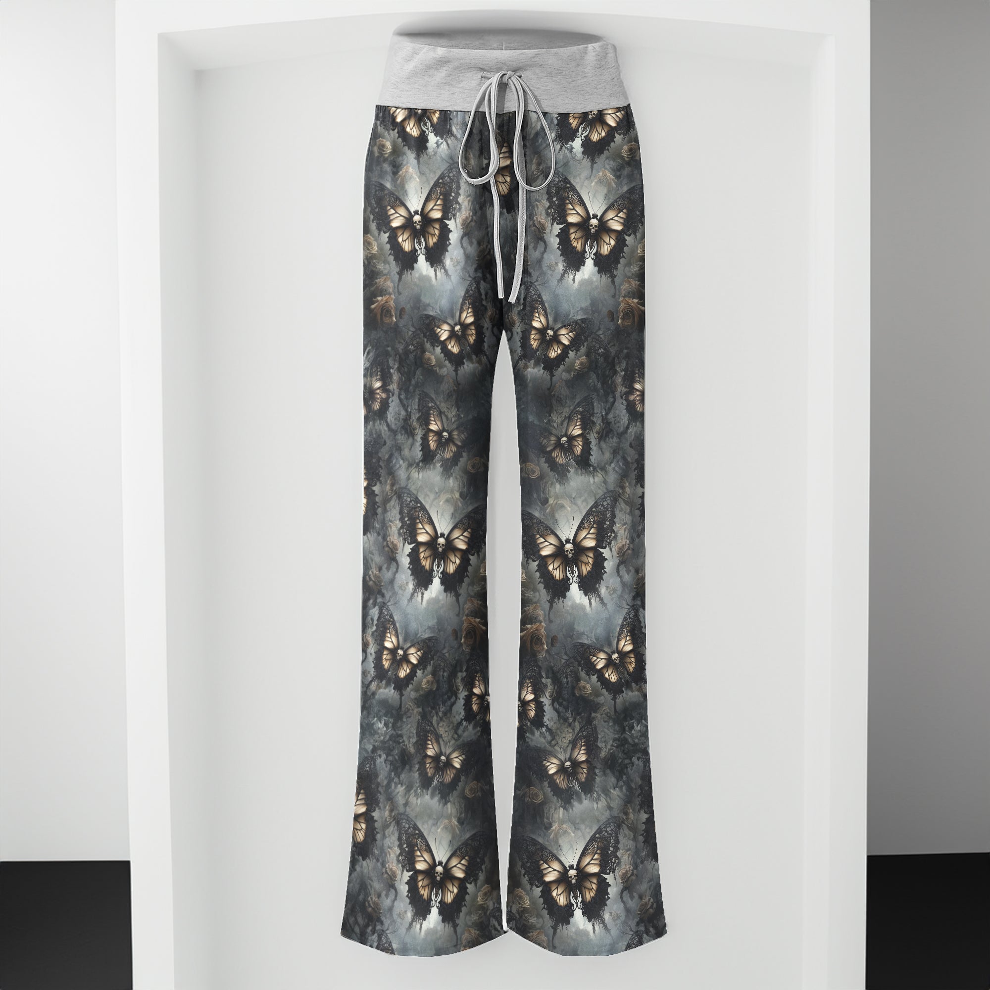 Tan Buterfly Skull Art Women's High-waisted Wide Leg Pants