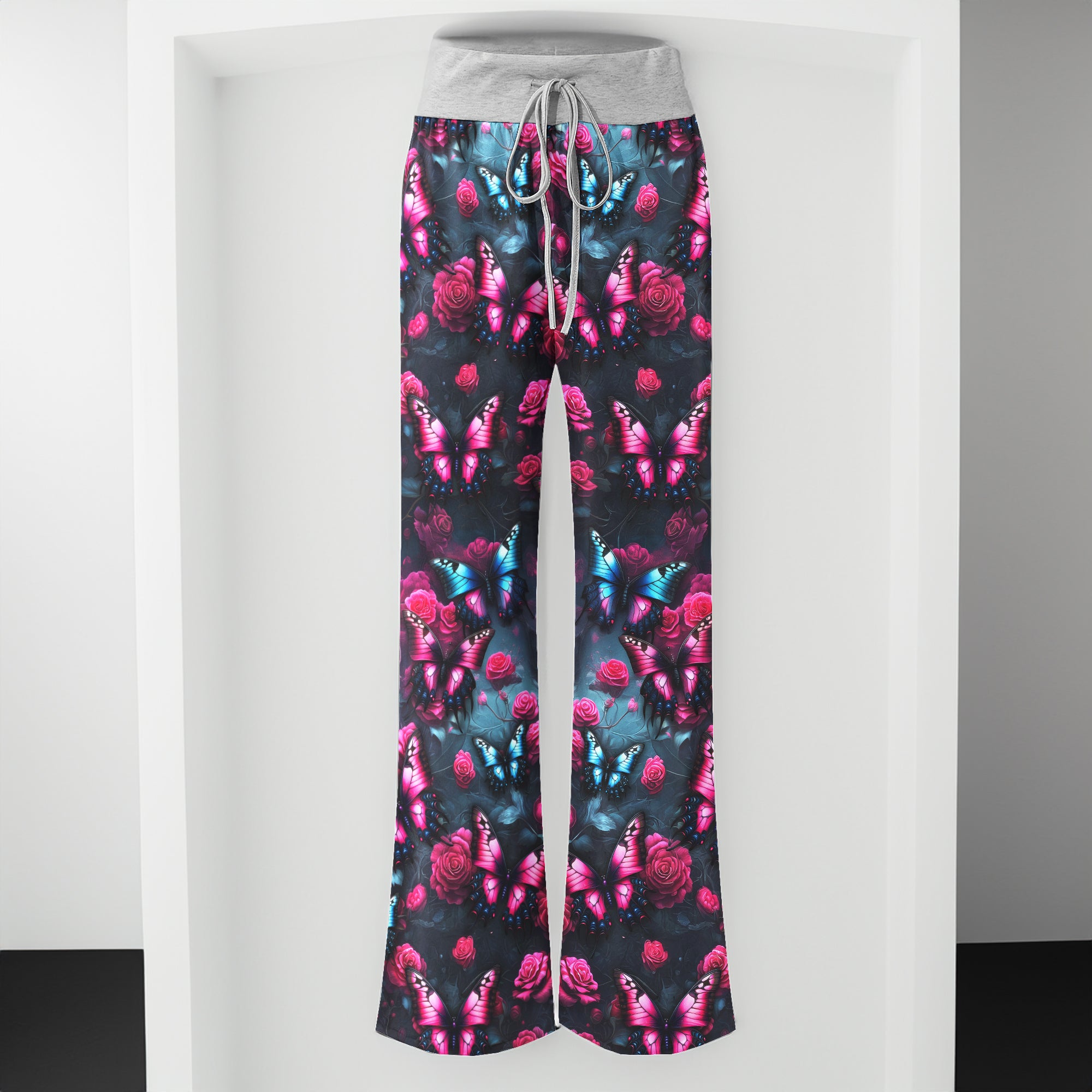 Neon Butterfly Pattern Women's High-waisted Wide Leg Pants