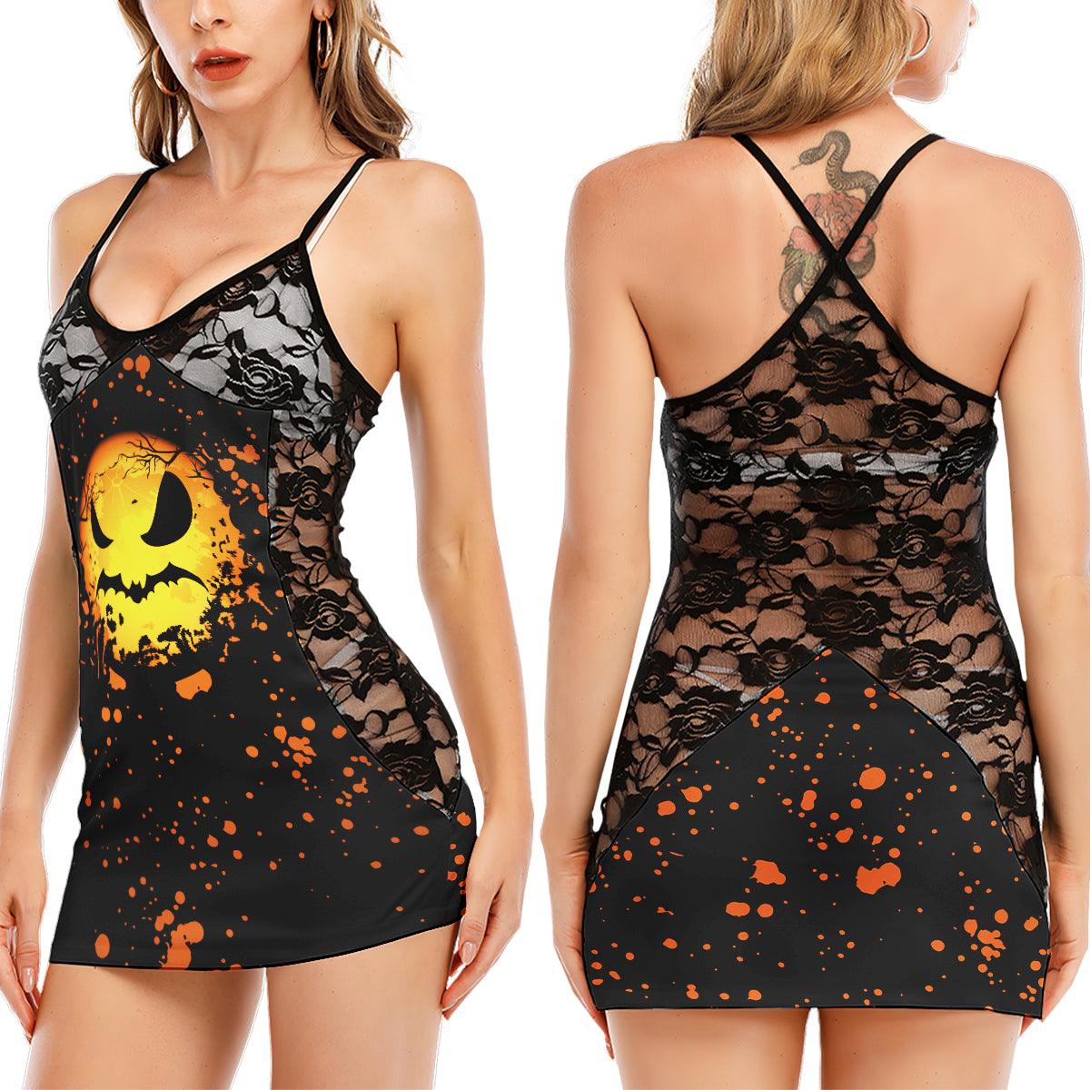 Orange Halloween Scary Face Women's Black Lace Babydolls Nightgowns | Women Sleepwear Babydoll, Nightgowns