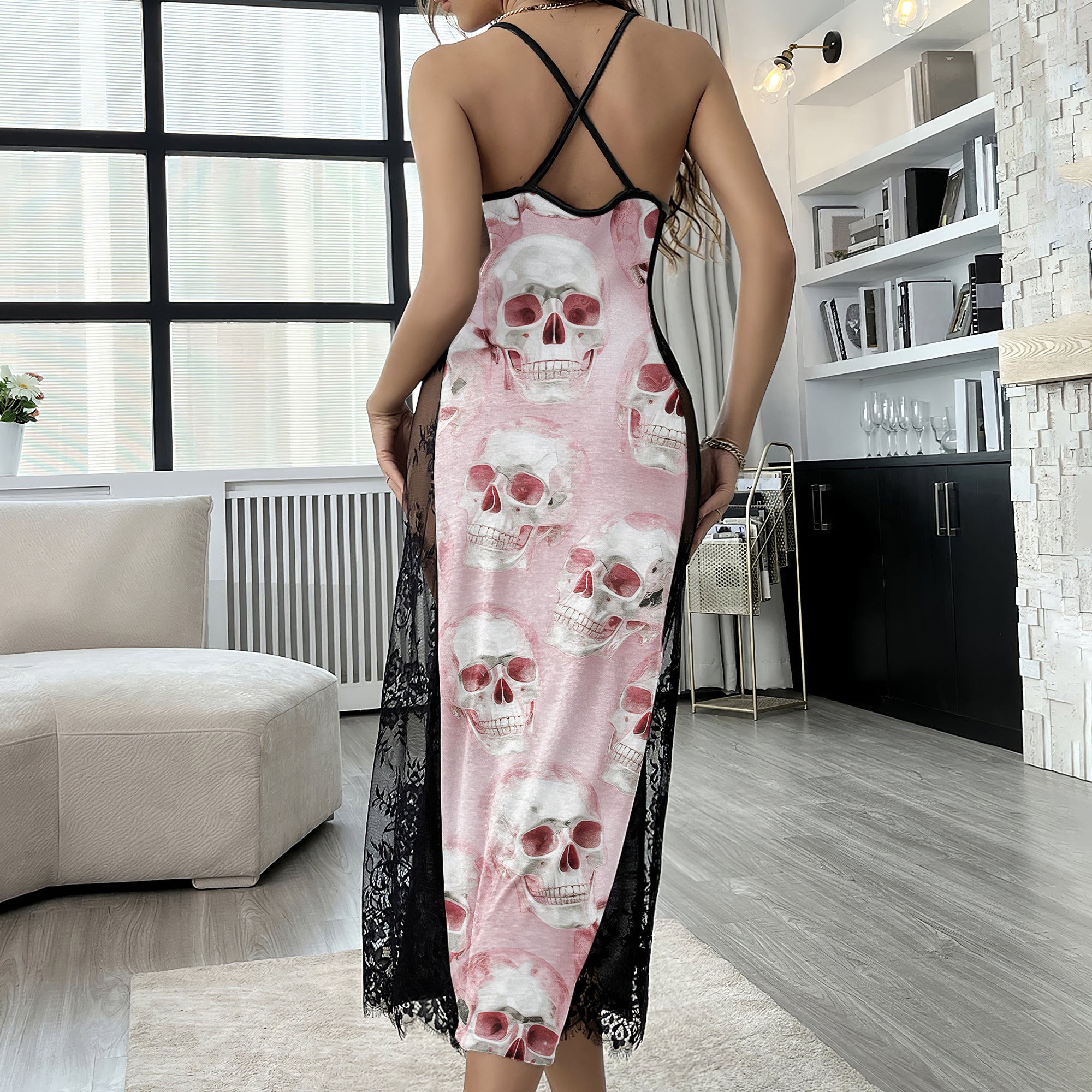 Pastel Metal Skull Pattern Women's Lace Cami Sleepwear