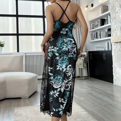 Cyan Gothic Skull Floral Women's Lace Cami Sleepwear