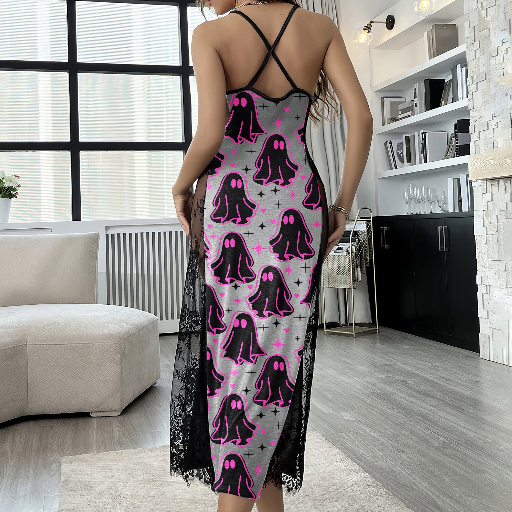 Pink Boo Pattern Women's Lace Cami Sleepwear
