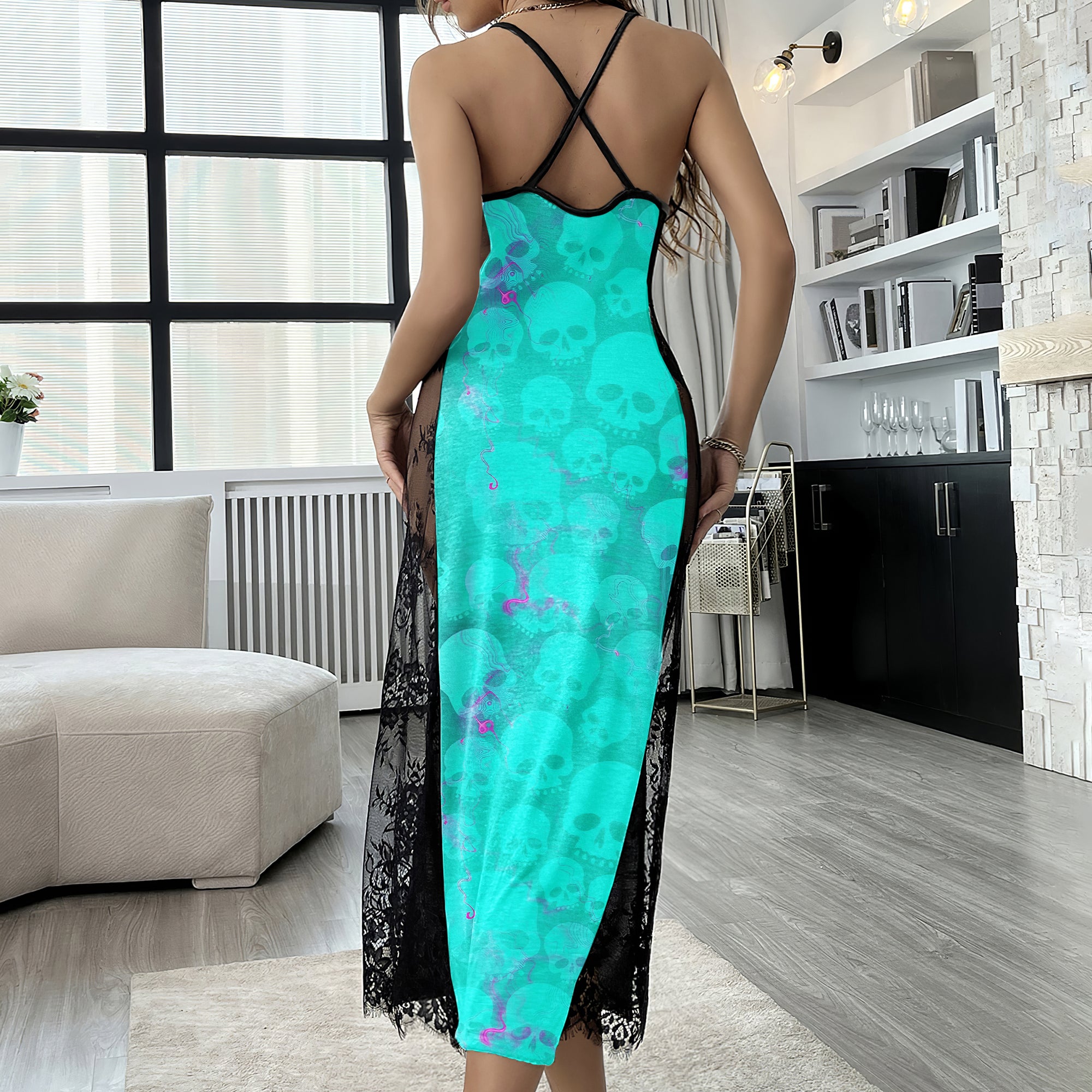 Cyan Skeleton Pattern Skull Lace Cami Sleepwear