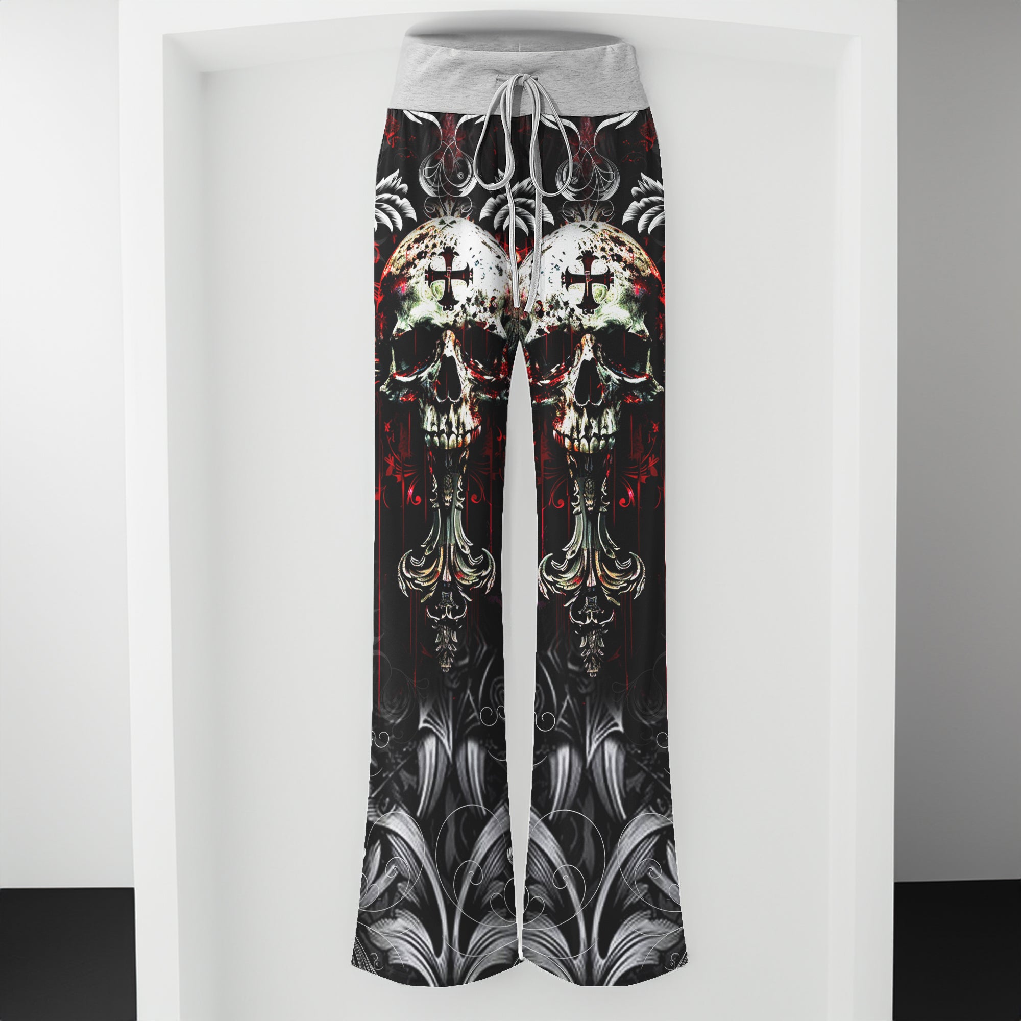 Red Cross Skull Art Women's High-waisted Wide Leg Pants | Wonder Skull