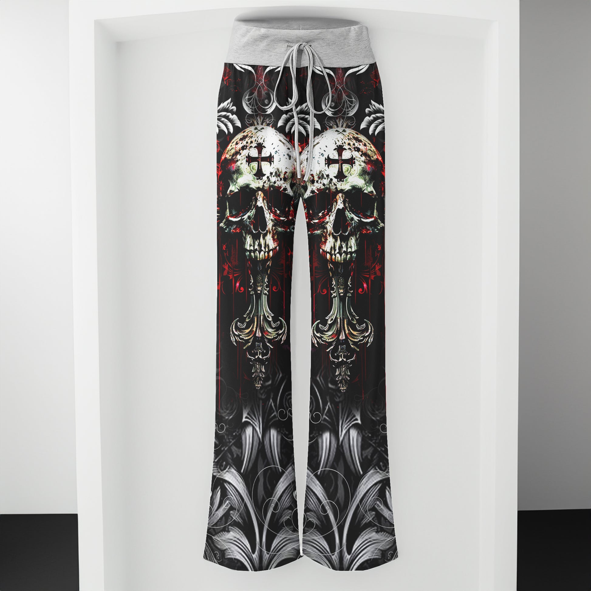 Red Cross Skull Art Women's High-waisted Wide Leg Pants | Wonder Skull
