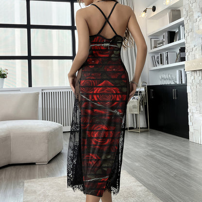 Red Rose Skeleton Art Women's Lace Cami Sleepwear