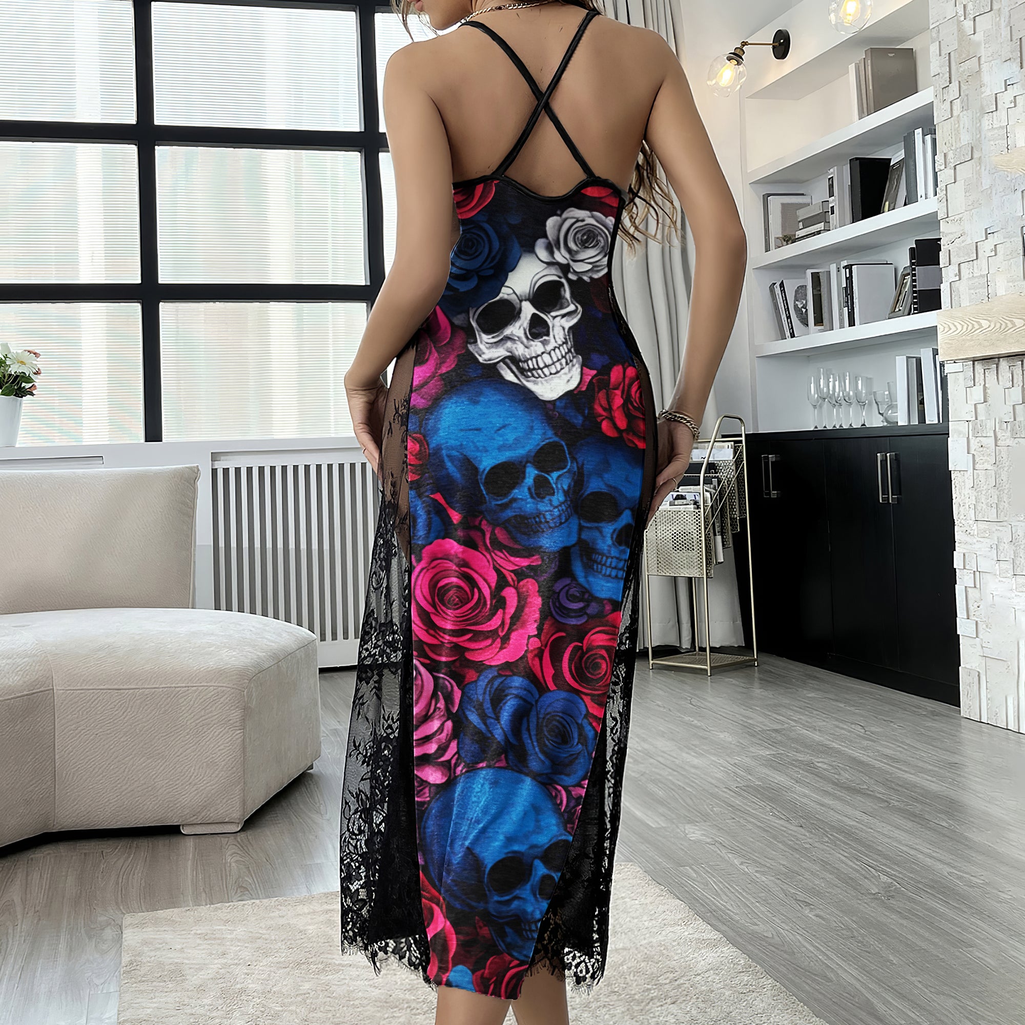Pastel Skull Rose Pattern Women's Lace Cami Sleepwear