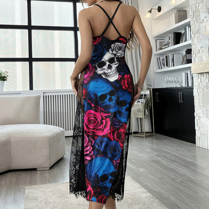 Pastel Skull Rose Pattern Women's Lace Cami Sleepwear
